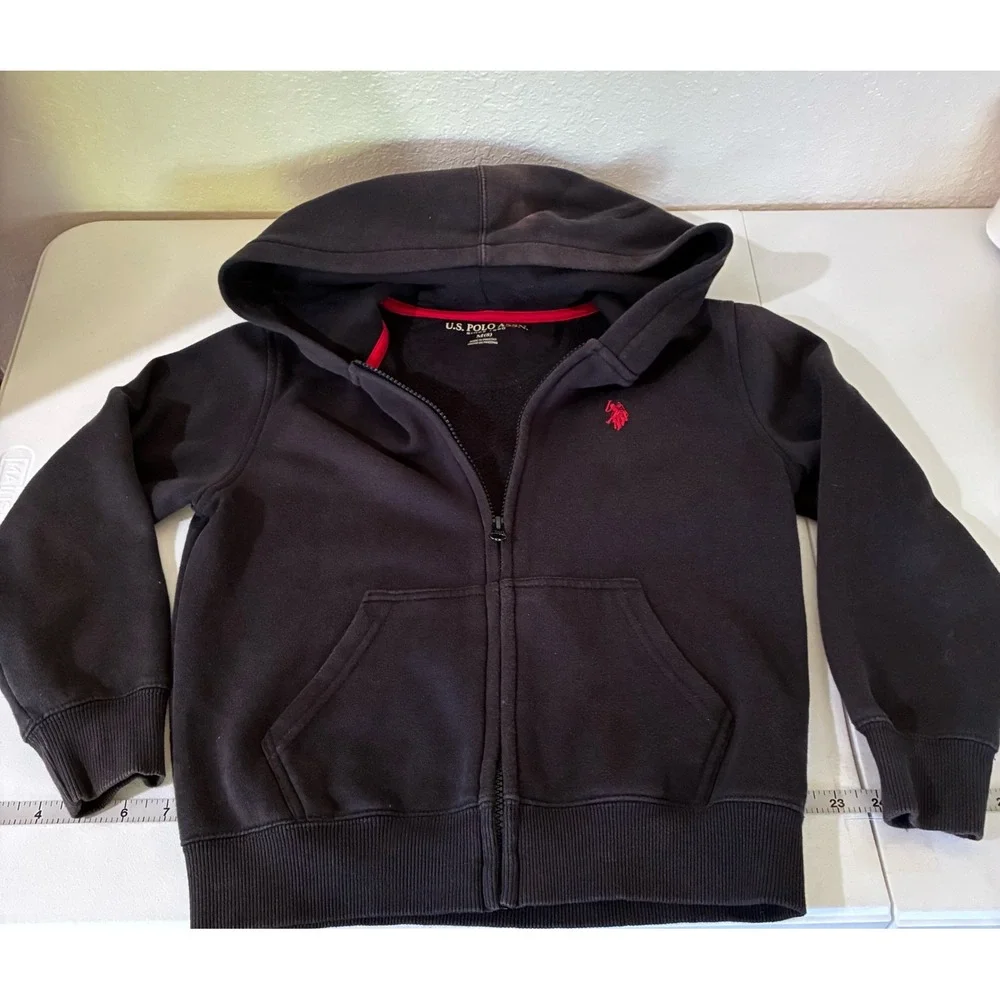 US Polo Assn Kids Black Full Zip Hoodie Sweatshirt Red Logo Youth Size 8 Medium